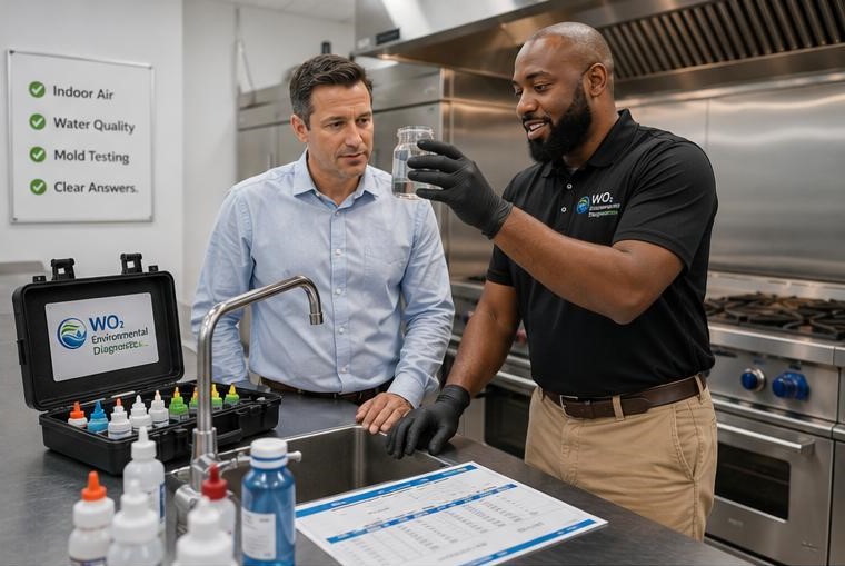 WO2 technician performing water quality testing in a commercial kitchen
